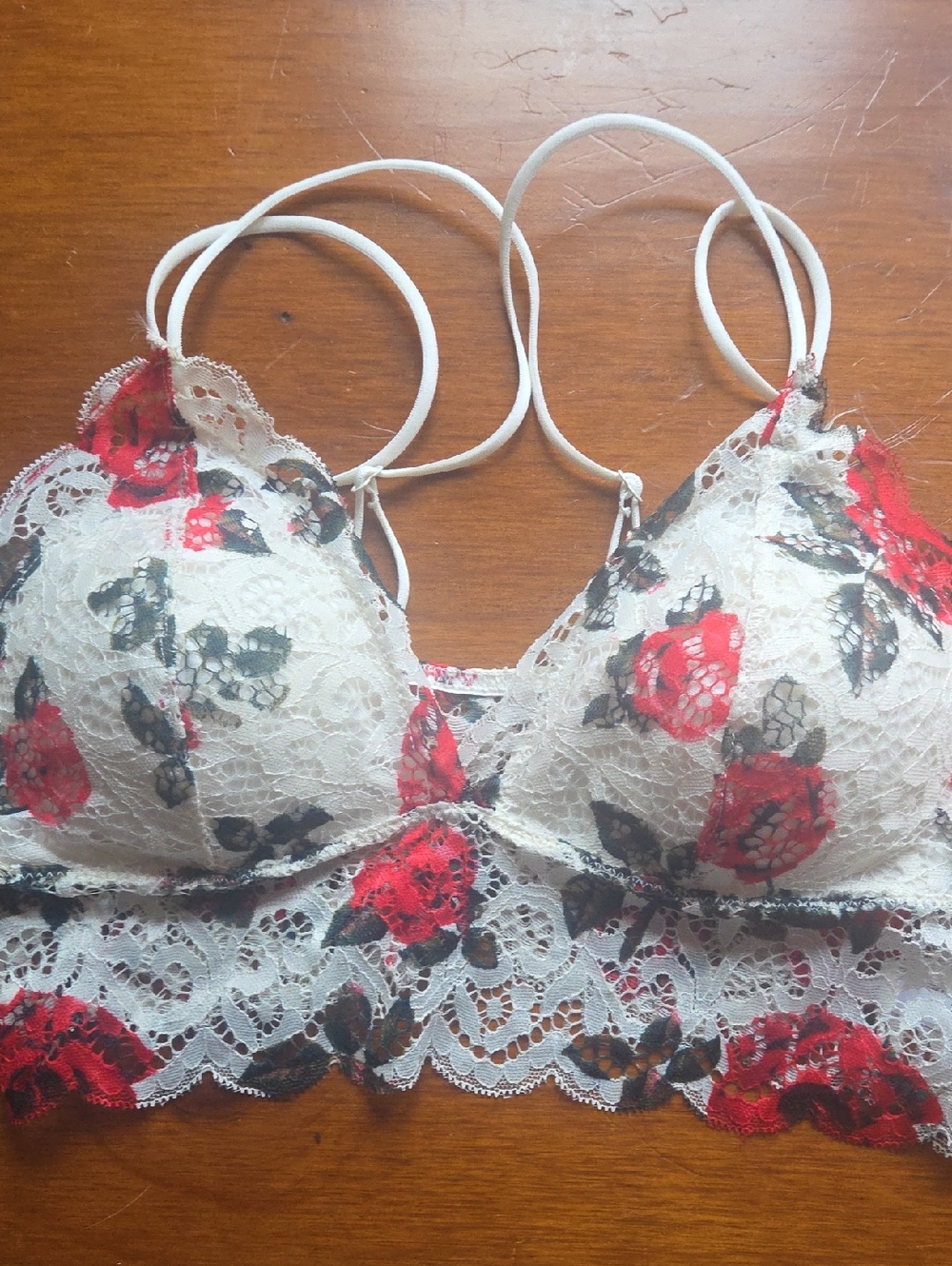 Floral Lace Bralette in White with Red Rose Print